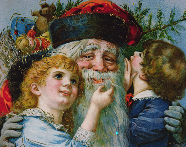 A Kiss for Santa, Victorian Christmas card, c.1900
