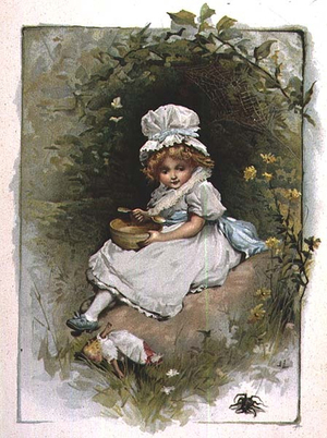 Little Miss Muffet, from an illustrated book of children's nursery rhymes