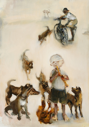 Boy with Flute and Dogs, 2007 (oil on board)