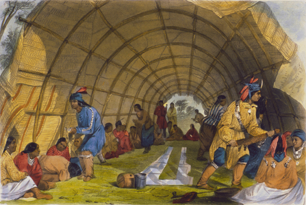 Medicine dance of the Winnebagoes, 1853 (colour litho)