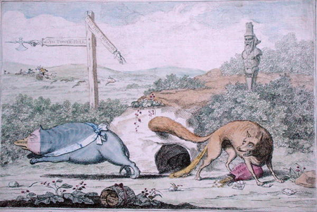 Changing Places, or Fox stinking the Badger out of his Nest, published by William Humphrey in 1782 (hand-coloured etching)