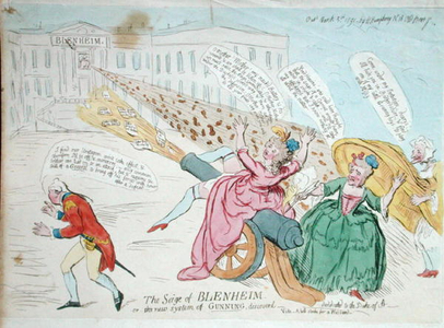 The Siege of Blenheim, or The new system of Gunning discovered, published by Hannah Humphrey in 1791 (hand-coloured etching)