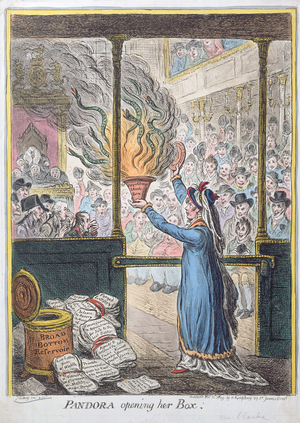 Pandora Opening her Box, published by Hannah Humphrey, 1809 (hand-coloured etching)