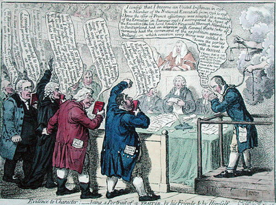 Evidence to Character: being, a Portrait of a Traitor, by his Friends and by Himself, published by J. Wright for the 'Anti-Jacobin Review' in 1798 (hand-coloured etching)
