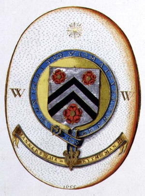Archive 5673 The Coat of Arms of William of Wykeham (1324-1404) founder of New College, Oxford, frontispiece to a volume of maps of College woodlands in Kent, Essex, Wiltshire and Gloucestershire, 1655 (w/c and silver leaf on paper)