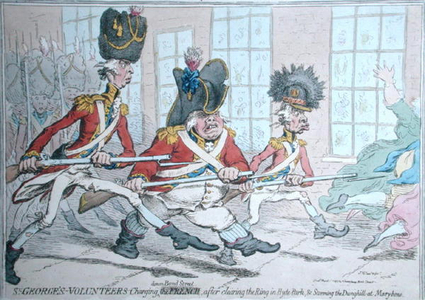 St. George's Volunteers Charging down Bond Street, after clearing the Ring in Hyde Park, & storming the Dunghill at Marybone, published by Hannah Humphrey in 1797 (hand-coloured etching)