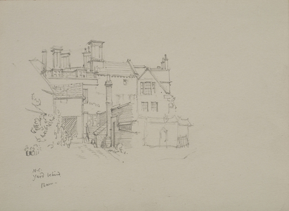 Sketch of the yard behind the Warden's barn in New College, with lodgings in the background (pencil on paper)