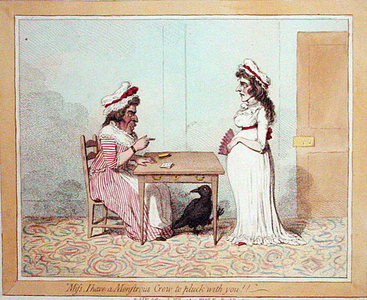'Miss I have a Monstrous Crow to pluck with you', published by Hannah Humphrey in 1794 (hand-coloured etching)