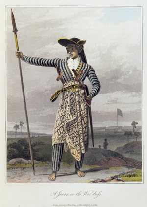 A Javan in the War Dress, pl. 5 from Vol I of 'The History of Java' by Thomas Stamford Raffles (1781-1826) pub. 1817 (coloured aquatint)