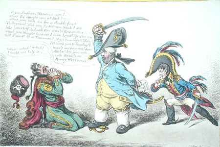 The Magnanimous Minister Chastising Prussian Perfidy, published by Hannah Humphrey in 1806 (hand-coloured etching)