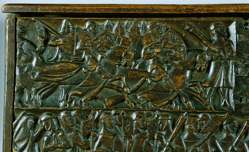 The Courtrai Chest depicting two scenes from the Battle of the Golden Spurs fought in Courtrai in 1302 (wood) (detail)