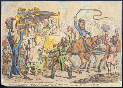 Glorious Reception of the Ambassador of Peace on his Entry into Paris, published by Hannah Humphrey in 1796 (hand-coloured etching)