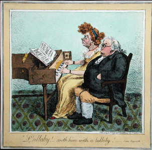 'Lullaby - soothe him with a lullaby!' published by Hannah Humphrey in 1798 (hand-coloured etching)
