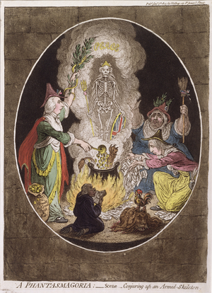 A Phantasmagoria; - Scene - Conjuring-Up an Armed Skeleton, 1803 (hand-coloured etching)