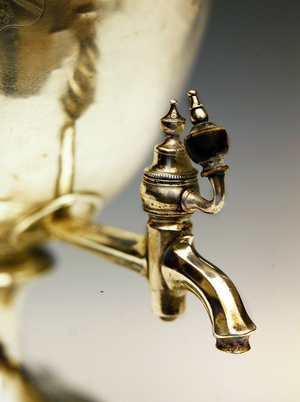 Detail of tea urn on four ball feet with Greek key pattern border and matching domed lid, 1806 (silver)