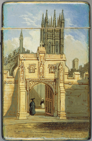 Victorian card case, with a scene of Magdalen College, Oxford (papier mache) (see 256310 for reverse)