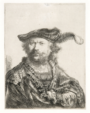 Self portrait in velvet cap and plume, 1638 (etching)