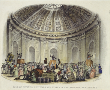 Sale of Estates, Pictures and Slaves in the Rotunda, New Orleans, engraved by J.M. Starling, 1842 (engraving with w/c)