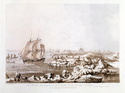 The Resolution Beating Through the Ice with the Discovery in the most Imminent Danger in the Distance, from 'Views in the South Seas', pub. 1792 (etching)