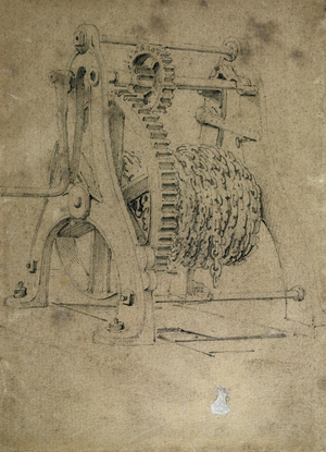 Winch or 'crab' mechanism for winding chains, 1830s (pen & ink and wash on paper)