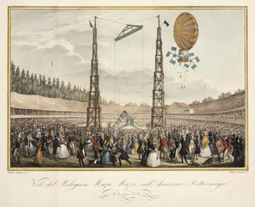 Flight of the Bolognese Muzio Muzzi (1809-46) in the Airship 'Retirremiga', 1838 (colour litho)
