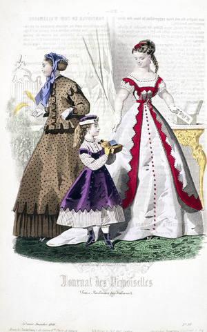 Young women viewing stereophotographs, from 'Journal des Demoiselles', December 1866 (colour litho)