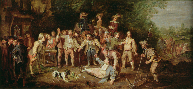 Peasants Brawling Outside a Tavern (oil on panel)