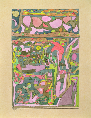 The sun discovering that the world of colours already exists, complicated composition, 1916 (no 19) (w/c & pen on paper on cardboard)