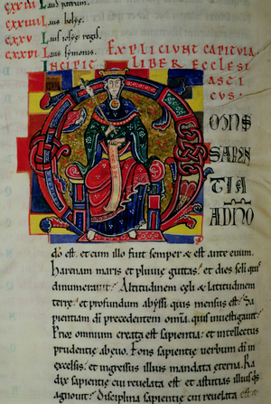 Ms 2 fol.8 Historiated initial 'O' depicting a figure of Wisdom, from the St. Benigne Bible (vellum)