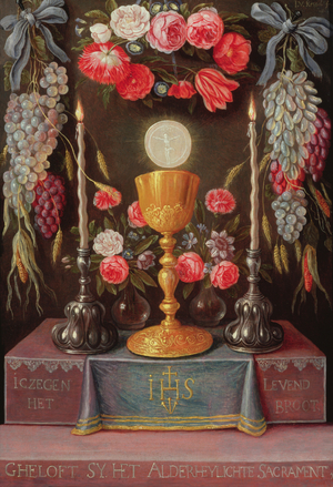 A Chalice with the Eucharist in a cartouche decorated with flowers and fruit, c.1664 (oil on canvas)