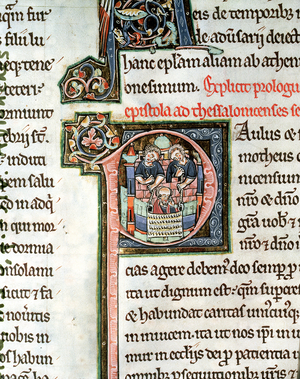 MS 3 Fol. 291v The Escape of Saint Paul from Damascus, illuminated initial letter 'P', 13th century, from the Avranches Bible (vellum)