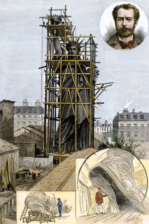 United States, New York City: Packaging of the statuede of the Liberte made by Frederic Auguste Bartholdi in scaffolding to transport it from Paris to America, 1884. Colour engraving of the 19th century.