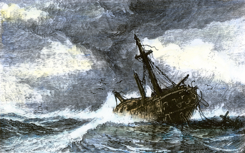 Ship sinking into the sea after a storm. 19th century colour engraving.