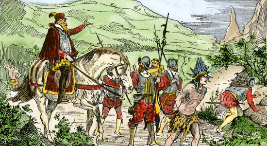 The army of Nicholas de Ovando (1460-1518), Spanish conquistador in Hispaniola on his way to Xagua with an Indian prisoner, during the repretion of the indigenous rebellion, 16th century. Coloured engraving of the 19th century.