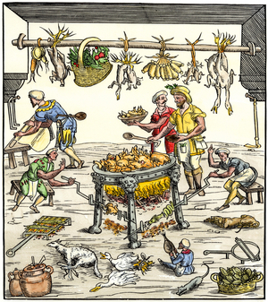 Middle Ages: Cooks preparing a meal in Italian cuisine, 16th century. Colour engraving of the 19th century.