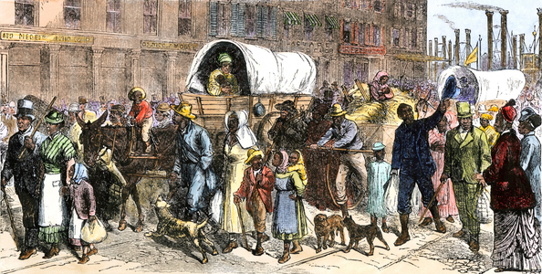 History of immigration in America: Free Afro-American slaves leaving the South and crossing the city of St Louis, in the United States during the Reconstruction (a period that saw the destruction of the slavery system of the Confederation, the return of the southern states and the failure to integrate Afro-American freelancers into the legal, political system , economic and social in the former Southern States). Colourful engraving of the 19th century.