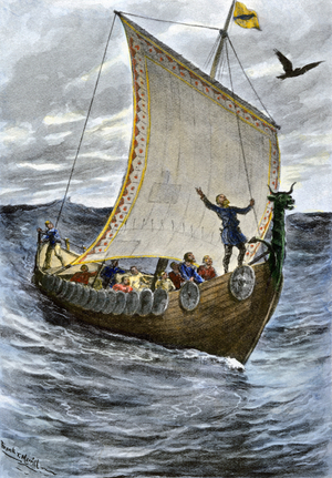Viking people aboard a drakkar in the North Sea. A very general illustration of the journeys of the Norwegian Eric le Rouge (Erik Le Rouge), 940 or 950-1003 or 1010) or of his son Leif Ericson (or Erikson or Erikkson or Eriksson or Eiriksson or Erickson) (v. 975-v. 1020) Icelandic explorer. Colour engraving of the 19th century