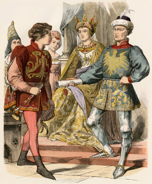 Young man of the nobility of the Duche of Burgundy (France), 15th century. Old engraving, colour setting.