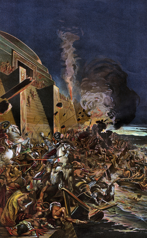 Conquete Mexico by the Spaniards: La Noche Trier (in Spanish “sad night”) on 30 June 1520. Aztec warriors slaughter Hernan Cortes troops forced to flee from Tenochtitlan (present-day Mexico). Lithograph of the 19th century after a painting by O. Graeff