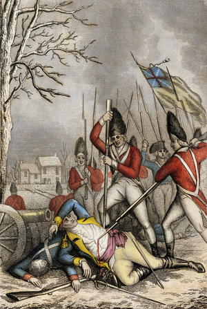 United States of America Independence War (1775-1783): General Hugh Mercer of the Continental Armee fatally wounded during the Battle of Princeton by the English Armee, New Jersey, 1777. Colour engraving of the 19th century