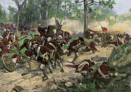 The Battle of Eutaw Springs (South Carolina, USA) on September 8, 1781, the regiments of Virginia and Maryland passed the British line. (War of Independence of the United States, 1775-1783). 19th century lithography.