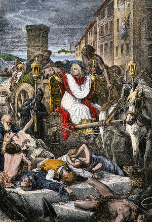 The devouement of the eveque of Marseille, Henri Francois Xavier de Belsunce Castelmoron (1671-1755), Jesuite, during the plague of Marseille in 1720-1721. Belzunce amidst plague victims in France. Hand-colored woodcut of a 19th century illustration
