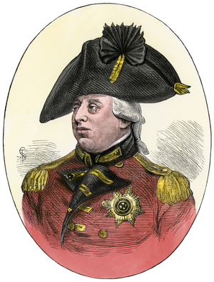 Portrait of George III (1738-1820), King of Great Britain and King of Ireland, in officer's uniform - King George III in British officer's uniform. Hand-colored woodcut of a 19th century illustration