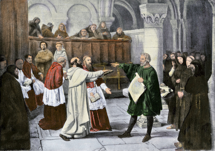 Sciences: Galilee (Galileo Galilei, 1564-1642) Italian physicist and astronomer, defending his theory of the heliocentricite of the solar system before the Inquisition Court in Rome in 1633. Colour engraving of the 19th century.