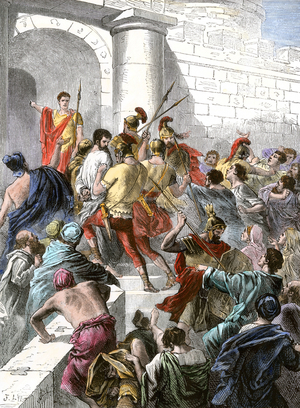 Biblical scene: Apostle Paul arretes in Jerusalem and takes him to the Roman authorities. Colouring engraving of the 19th century.
