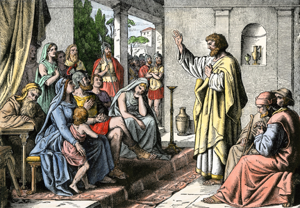 Peter the apostle preaching in the house of Cornelius, a Roman soldier. Colour engraving of the 19th century
