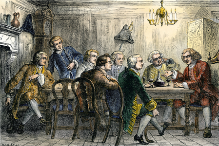 Literature: Samuel Johnson (1709-1784) and James Boswell (1740-1795) at the London Literary Club, 18th century. Colour engraving of the 19th century.