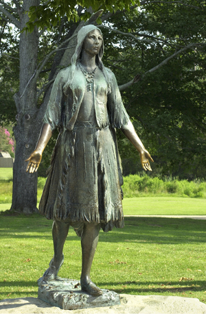 Native population of America: Indians. Statue of Pocahontas (1595-1617) in Jamestown, in the Park “Colonial National Historical Park””, Virginia