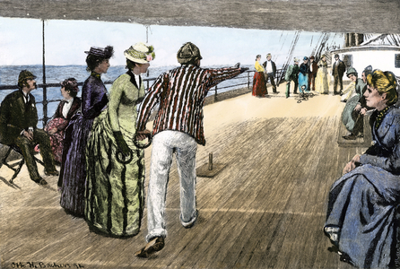 Passengers playing puck on the deck of a P & O liner, circa 1890. Colour engraving.