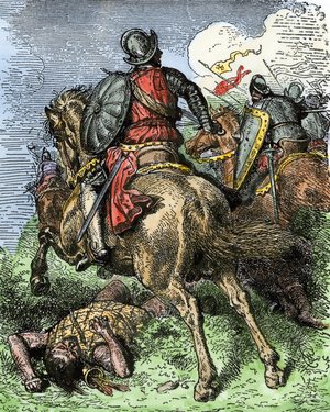 Pedrarias Davila (or Pedro Arias de Avila, circa 1440-1531), Spanish explorer and colonial administrator, on the battlefield in South America. Lithograph from 19th century illustration.